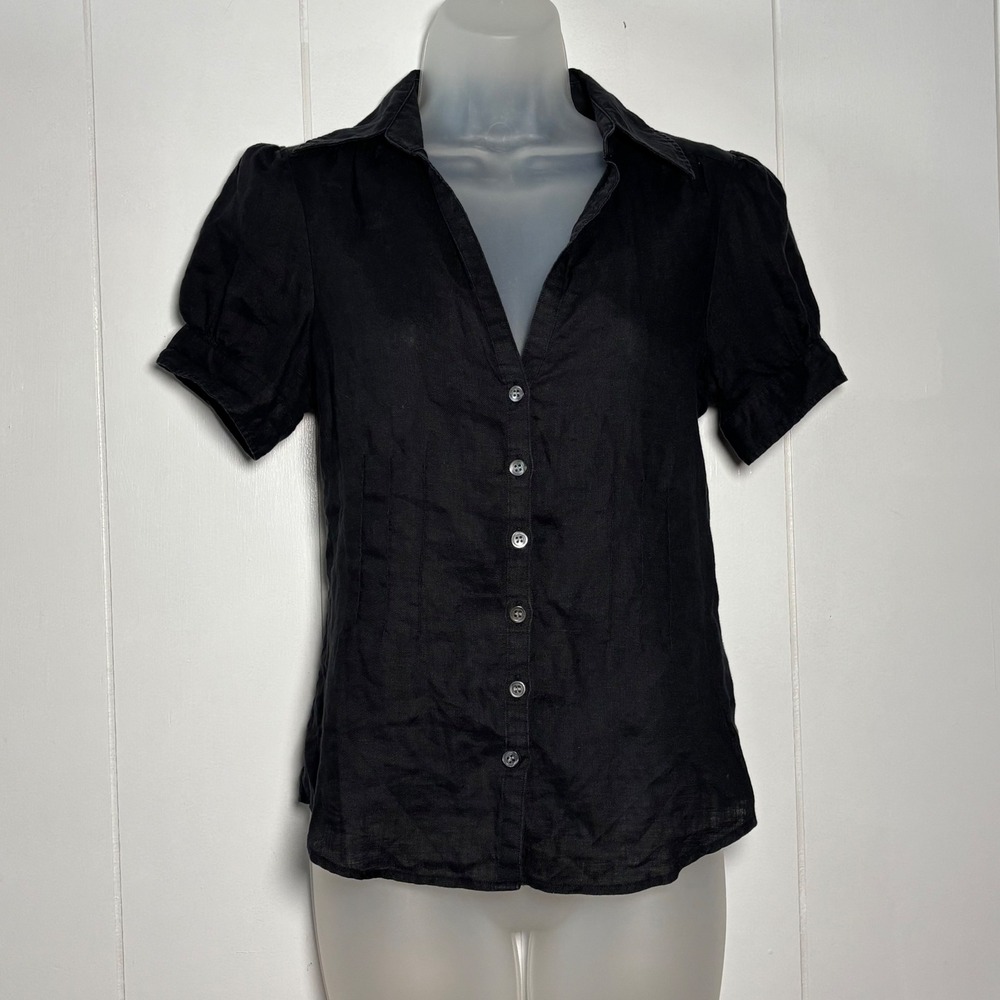 Club Monaco Black 100% Linen Short Sleeve Pintuck Button Down Blouse Shirt XS